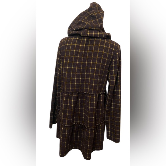 ODDY Brown and Yellow Plaid Hooded Trench Coat - Picture 3 of 12